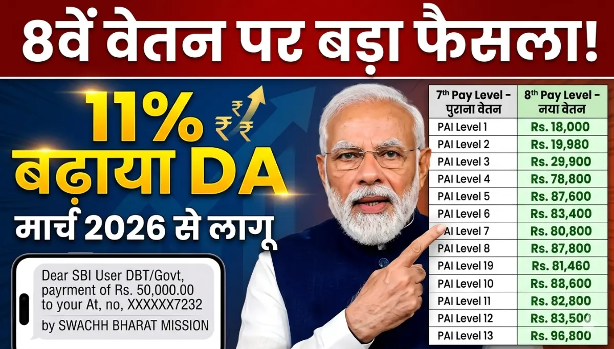 DA Hike 8th Pay Commission 2026: केंद्र सरकार का बड़ा फैसला, मार्च से बढ़ेगा महंगाई भत्ता जानिए पूरी अपडेट